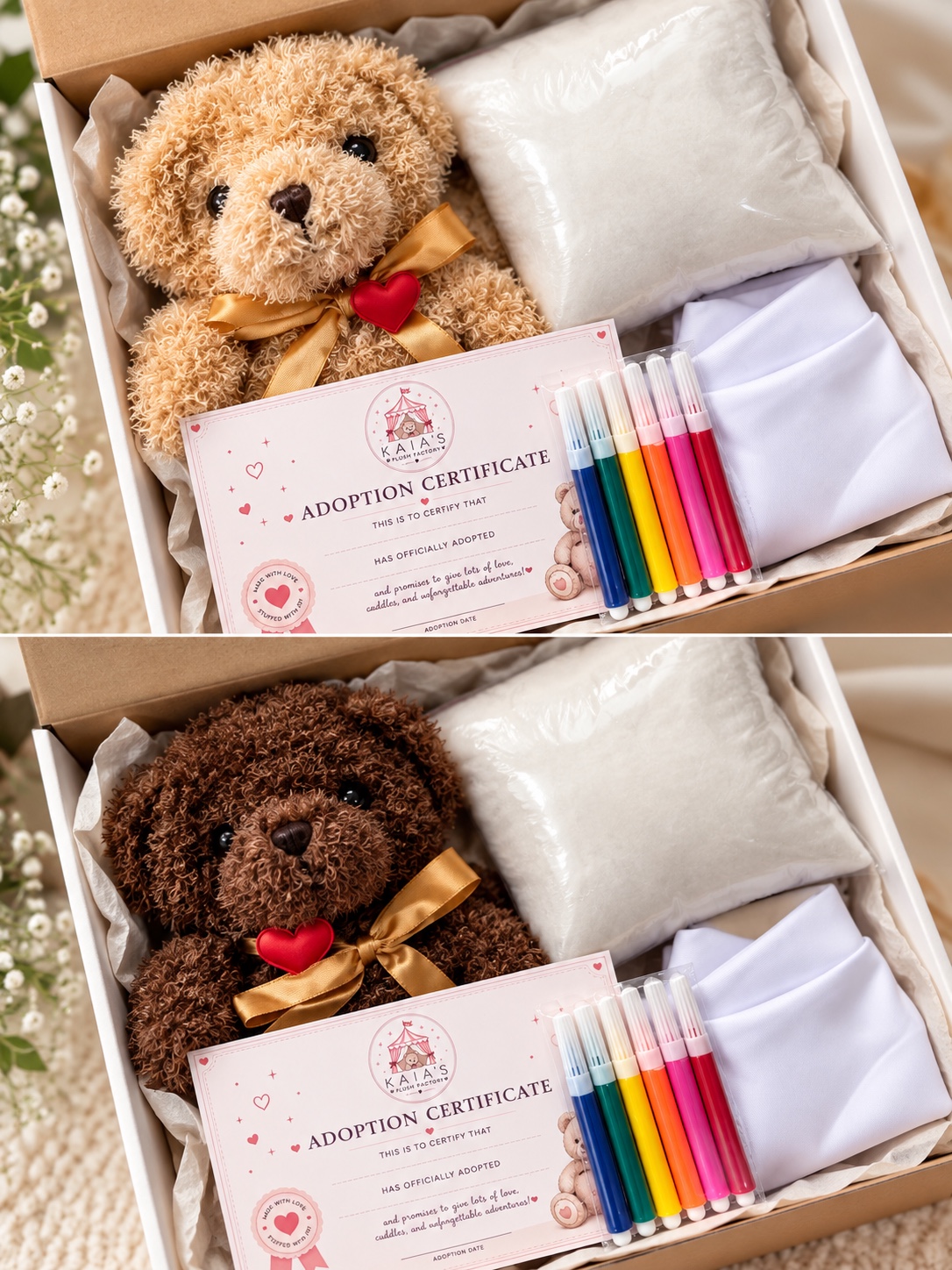 Two Kaia’s Build-a-Plush Kit boxes with golden and chocolate puppy plushies, stuffing, red hearts, adoption certificates, white shirts, and colorful markers
